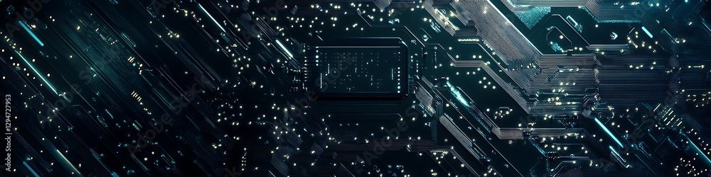 Fototapete a futuristic circuit board pattern with a large dark area for text