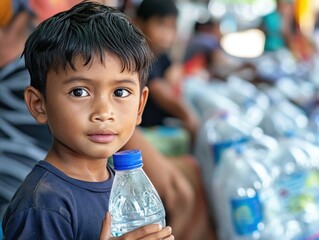 Young Boy Holding Water Bottle Amidst Humanitarian Aid