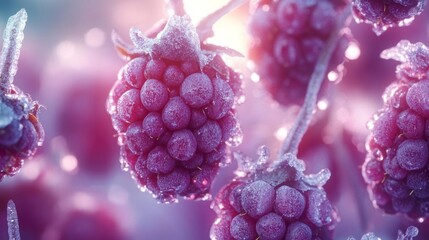 Close-up of frozen raspberries with ice crystals highlighting freshness and detail. Generative AI