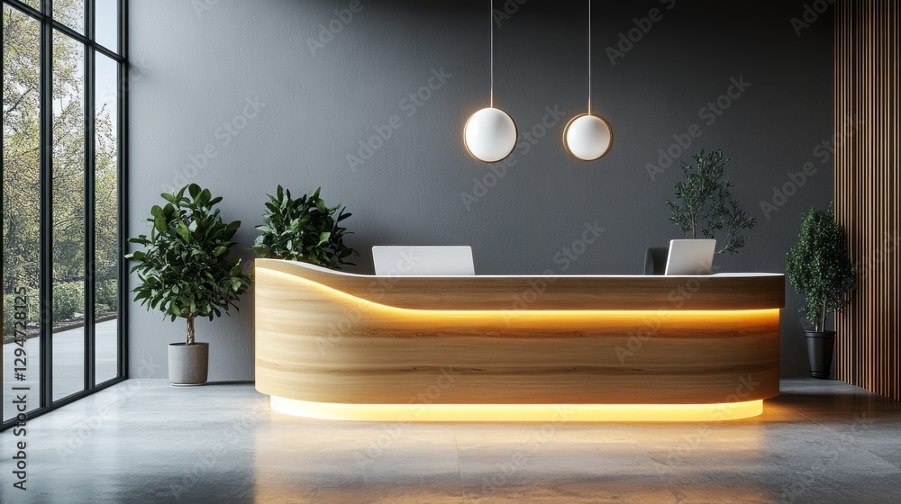 Poster a sleek wooden reception desk with soft ambient lighting welcomes visitors in a modern space. lush p