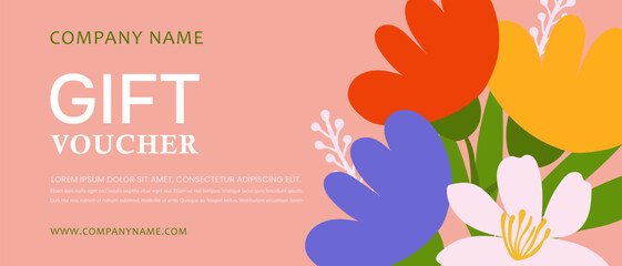 Gift voucher template with bright creative flowers in modern style. Business card with beautiful flowers.