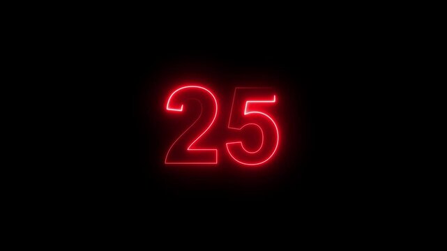 Glowing neon red number 25 with alpha channel countdown icon background 4k animation.