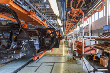 Workshop of a large and modern automobile plant.