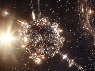 Shimmering space station made of diamonds and gold in deep space
