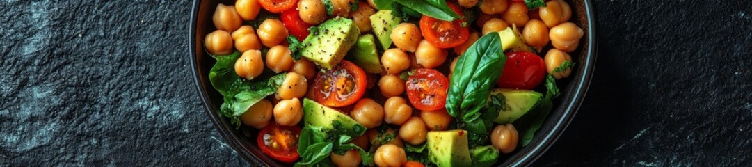 Vibrant Chickpea Salad with Avocado and Tomatoes on Dark Textured Surface. Generative AI