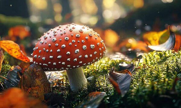 close-up of red amanita mushroom in forest video