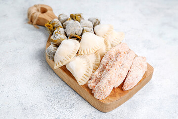 Raw semi finished frozen products, meals.