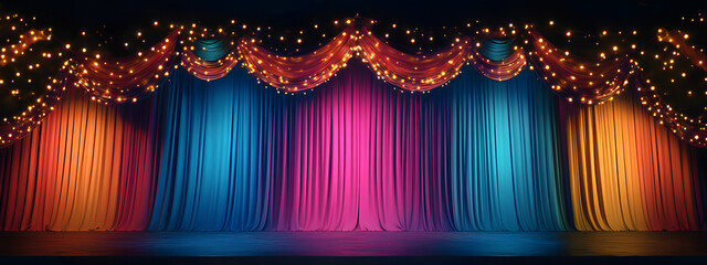 An ethereal stage with pink and gold curtains
