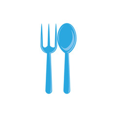 Flat vector illustration of a blue fork and spoon representing kitchen cutlery or dining utensils