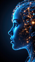 A person's face with a network of stars or particles representing artificial general intelligence (AGI).