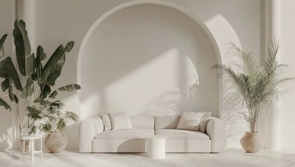 Minimalist beige sofa in sunlit arched room