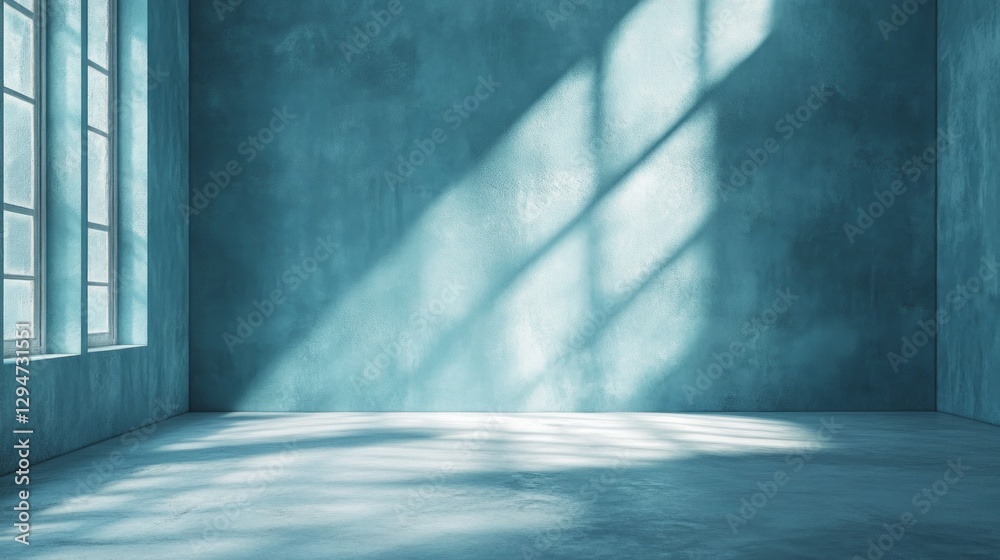 Poster sunlight streams through large windows, casting soft shadows on the cool blue walls of a spacious ro