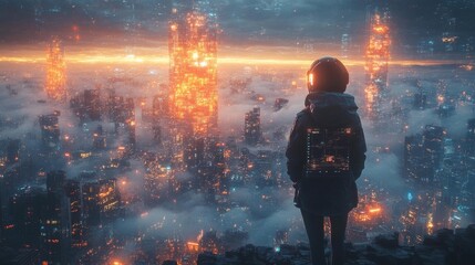 Explorer observing a glowing city skyline amidst a digital interface in a futuristic landscape. Generative AI