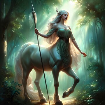 A majestic female centaur stands in a sunlit forest, draped in a Grecian robe and holding a spear. She embodies the grace and strength of Greek mythology, reminiscent of noble centaurs. Generative AI
