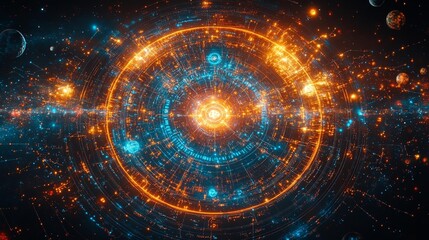 Obraz premium Futuristic Digital Universe with Glowing Rings and Planets. Generative AI