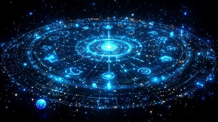 A Glowing Astrological Wheel Surrounded by Stars and Planets. Generative AI