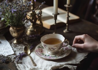 Fototapeta premium Vintage porcelain tea or mocha cup with antique silver spoon and rustic ambiance. Tea ceremony with antique tableware