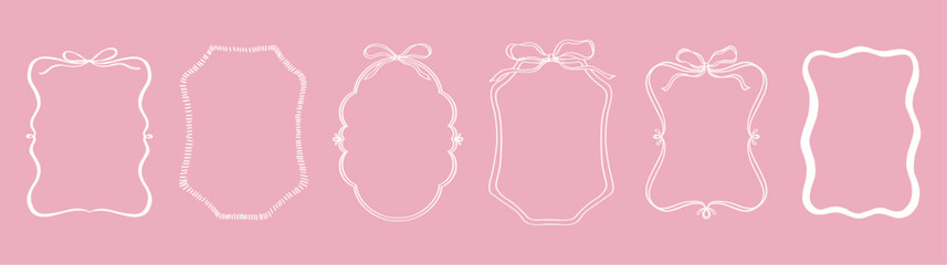Cute frame with ribbon and bow set. White color hand drawn doodle vector illustration. Decorative border.