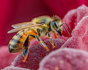 Macro photography of golden honeybee collecting pollen on a bright sunflower detailed textures on...