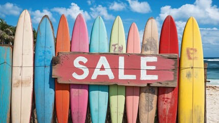 A colorful row of surfboards with a sign that says "SALE" on it. Concept of excitement and adventure, as it suggests that the surfboards are on sale