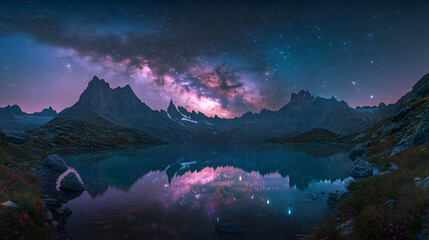 A vibrant Milky Way glowing in teal and magenta reflected perfectly in the still waters of a mountain lake.