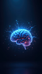 Fototapeta premium Illustration of an artificial intelligence concept with a human brain-like structure at its center, surrounded by electricity and light effects on a dark background.