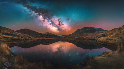A vibrant Milky Way glowing in teal and magenta reflected perfectly in the still waters of a mountain lake.