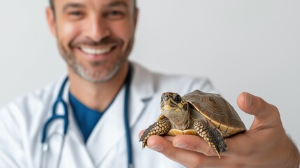 A vet in a white lab coat holding a turtle. The turtle is smiling at the camera. The veterinarian is smiling as well