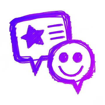 Playful kids doodle of customer feedback with smiley face and star icon for engaging design projects, white background