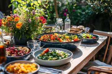 Outdoor dining table with vibrant plant-based dishes