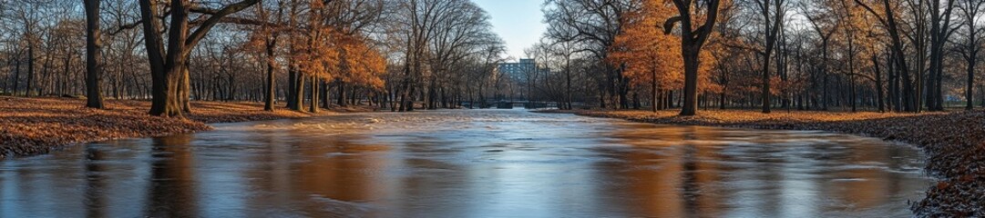 Autumn Park with High Water Levels and Submerged Trees. Generative AI