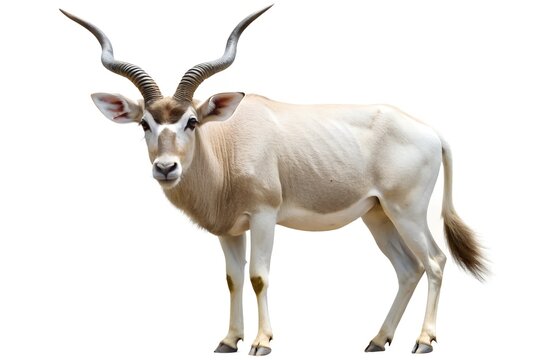 Addax antelope standing on white background - Close-up of an addax antelope with long, twisted horns standing against a white background. Isolated image highlighting its features.
