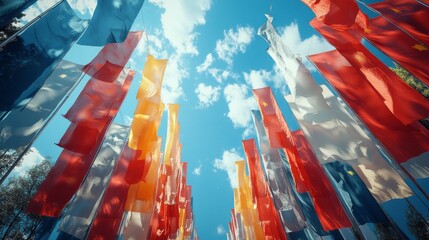 Naklejka premium Colorful international flags dance in the gentle breeze, creating a stunning display beneath a clear blue sky. Their bright hues symbolize unity among diverse nations, inviting joy and togetherness