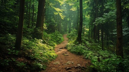Obraz premium Sunlit Forest Path: Lush Green Canopy and Winding Trail