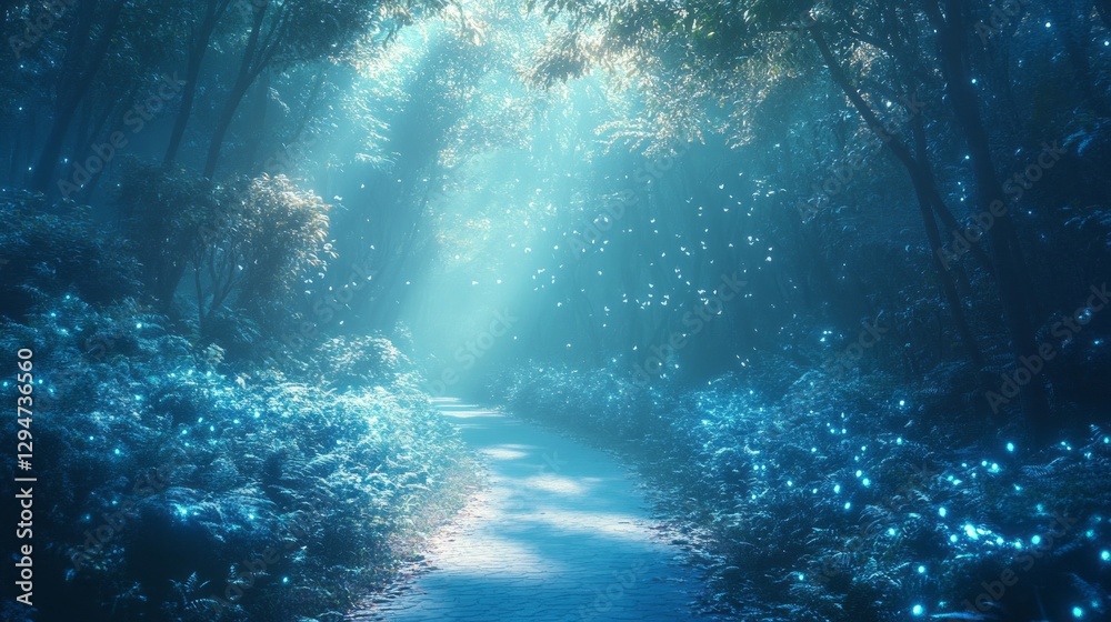 Poster a serene forest pathway is softly lit by glowing lights as dusk settles in. blue hues create an ench