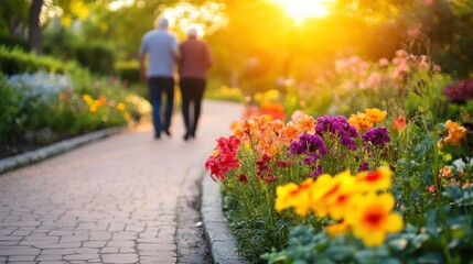 Fototapeta premium Elderly Couple Walking in Colorful Garden at Golden Hour
