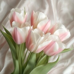 Fototapeta premium Close-up of a bouquet of pink and white tulips on silk fabric.