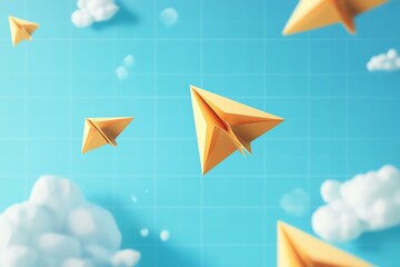 3D yellow paper airplanes flying across a school notebook background, cartoonstyle children s planes in the air, playful and bright vector design