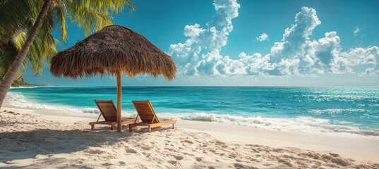 Serene beach oasis lounge chairs under a thatched umbrella