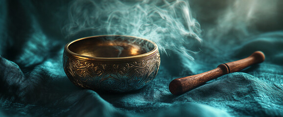 Close-up of a Tibetan singing bowl surrounded by swirling smoke with a wooden mallet on a teal fabric, symbolizing relaxation, meditation, healing, and mindfulness practices.