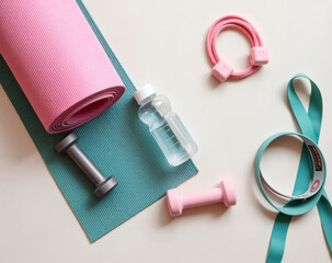 Exercise essentials on a workout mat with weights, water, and bands for a refreshing home fitness routine