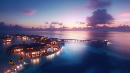 Stunning Bird's-Eye View of an Idyllic Maldives Resort Featuring Elegant Overwater Villas and a Winding Pier Stretching into the Crystal-Clear Ocean Under a Pastel-Colored Dusk Sky