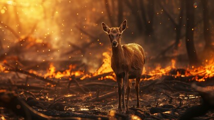 A deer stands amidst the forest with a fiery backdrop in the darkness