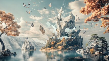 A surreal landscape with floating islands, butterflies, and a blue sky.