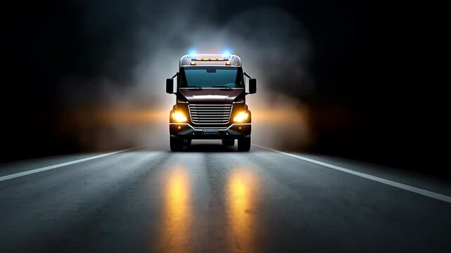 Illuminated truck on highway at night, headlights shining, symbolizing transportation, commerce, and night travel.