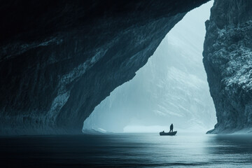Silhouette of a lone adventurer in a boat navigating through a mysterious, misty cave with dramatic arches and shadows.