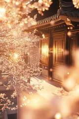 Obraz premium Beautiful cherry blossom flower and vintage building in Spring.