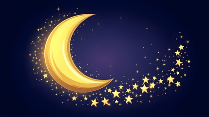 Fototapeta premium Golden crescent moon with sparkling stars on a deep blue background, ideal for dreamy designs
