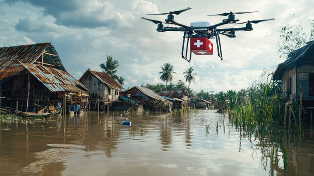 medical drone hovering above a flooded village, carrying a red cross-marked box to provide urgent supplies, disaster relief in action