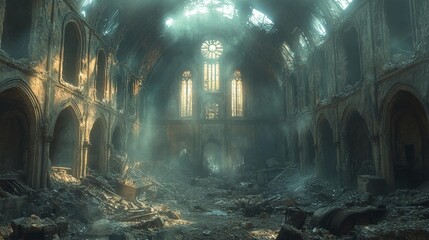 Ruined church interior with sunlight streaming through broken stained-glass windows debris on the floor. Generative AI